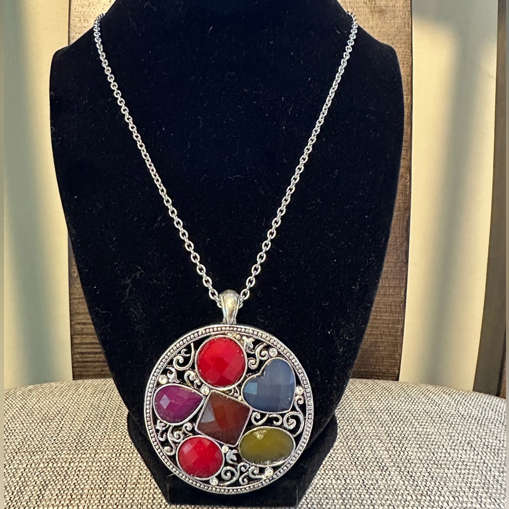 Silver pendant necklace with multi color stones 18.5 inch chain